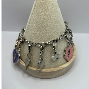 Charm Bracelet Silver Pink Y2K Enamel Eclectic Dolphin Butterfly Boot 6.5